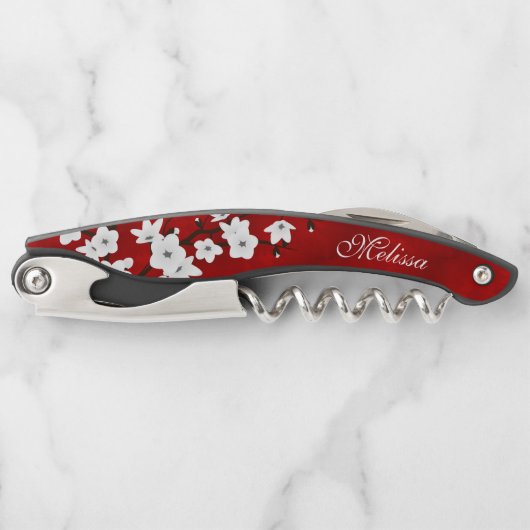 Asia Floral White Cherry Blossom Red Monogram Kurkentrekker (Voorkant)