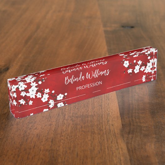 Asia Floral White Cherry Blossom Red Naambordje (Zijkant)