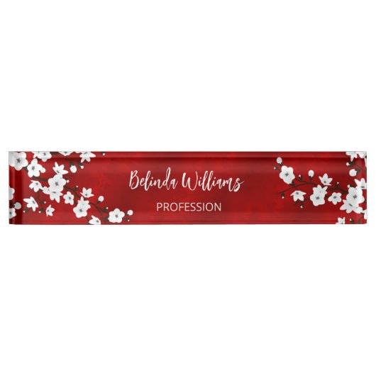 Asia Floral White Cherry Blossom Red Naambordje (Voorkant)
