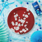Asia Floral White Cherry Blossom Red Papieren Bordje (Feest)