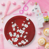 Asia Floral White Cherry Blossom Red Papieren Bordje (Feest)
