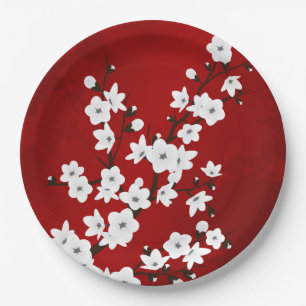 Asia Floral White Cherry Blossom Red Papieren Bordje