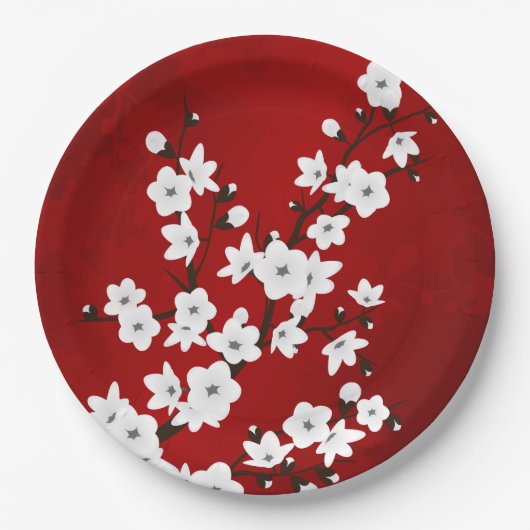 Asia Floral White Cherry Blossom Red Papieren Bordje (Voorkant)