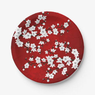 Asia Floral White Cherry Blossom Red Papieren Bordje