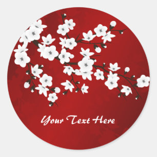 Asia Floral White Cherry Blossom Red Ronde Sticker