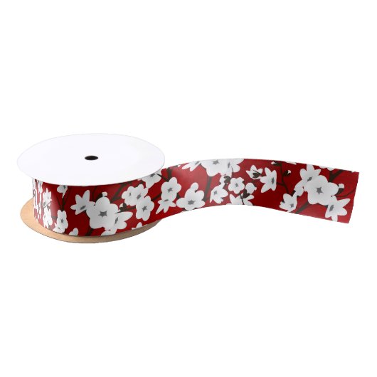 Asia Floral White Cherry Blossom Red Satijnen Lint (Spoel)