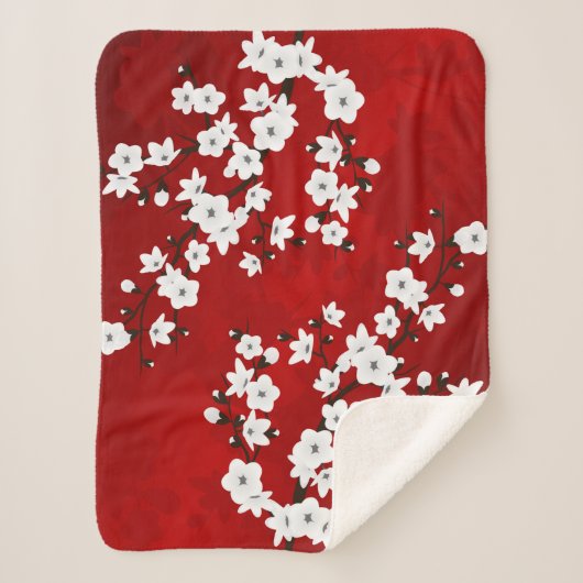 Asia Floral White Cherry Blossom Red Sherpa Deken (Voorkant)
