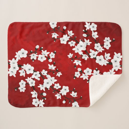 Asia Floral White Cherry Blossom Red Sherpa Deken (Voorkant (horizontaal))