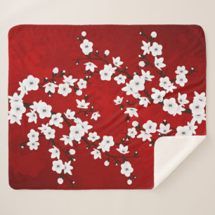 Asia Floral White Cherry Blossom Red Sherpa Deken