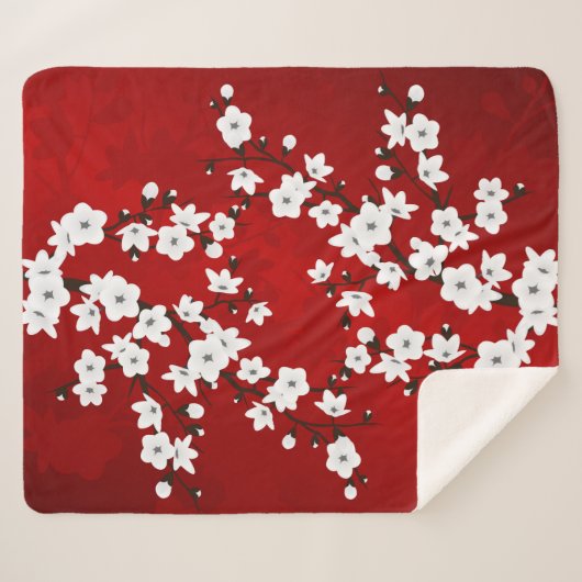 Asia Floral White Cherry Blossom Red Sherpa Deken (Voorkant (horizontaal))