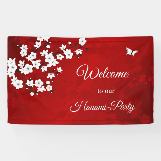 Asia Floral White Cherry Blossom Red Spandoek (Horizontaal)
