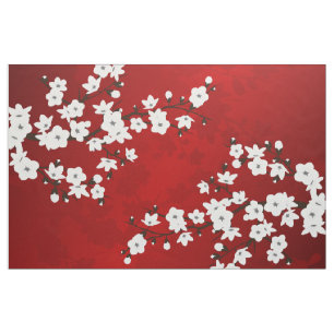 Asia Floral White Cherry Blossom Red Stof