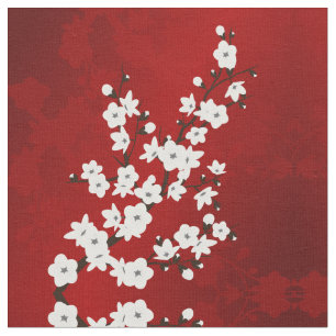 Asia Floral White Cherry Blossom Red Stof
