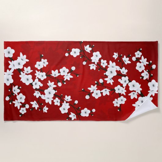 Asia Floral White Cherry Blossom Red Strandlaken (Voorkant)