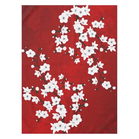 Asia Floral White Cherry Blossom Red Tafelkleed (Voorkant)