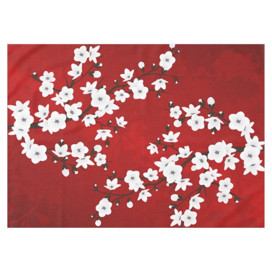 Asia Floral White Cherry Blossom Red Tafelkleed (Voorkant (Horizontaal))