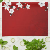 Asia Floral White Cherry Blossom Red Theedoek (Gevouwen)