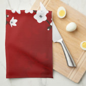 Asia Floral White Cherry Blossom Red Theedoek (Quarter Fold)