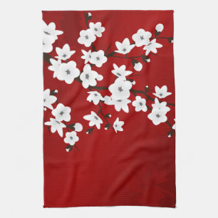 Asia Floral White Cherry Blossom Red Theedoek