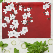 Asia Floral White Cherry Blossom Red Theedoek (Gevouwen)