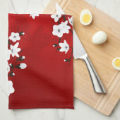 Asia Floral White Cherry Blossom Red Theedoek (Quarter Fold)