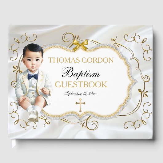 Asian Baby Boy Baptism Christening White & Gold Gastenboek (Voorkant)