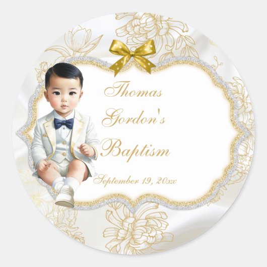 Asian Baby Boy Baptism Communauté White & Gold Ronde Sticker (Voorkant)
