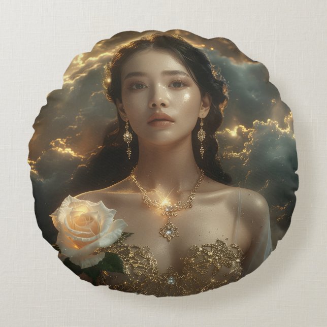 Asian Beauty With White Rose Rond Kussen (Voorkant)