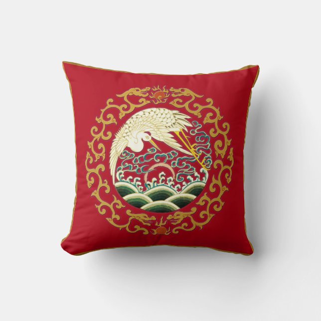 Asian Bird Art over Deep Red Background Pillow Kussen (Voorkant)