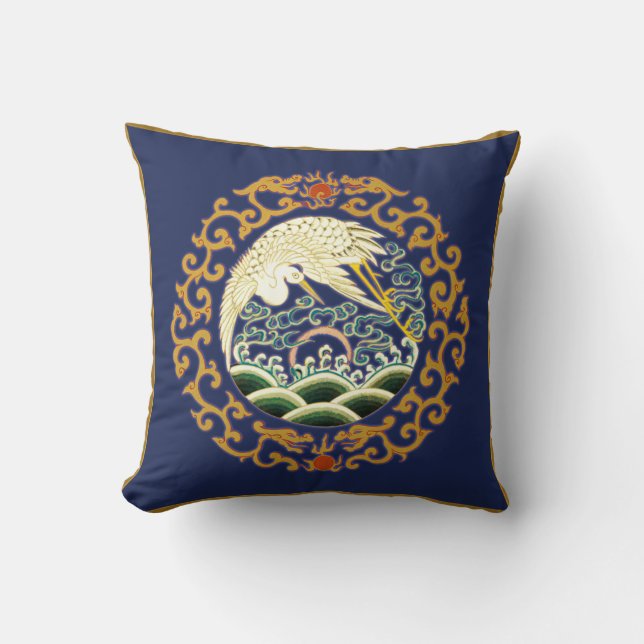 Asian Bird Art Pillow in Deep Blue Kussen (Voorkant)