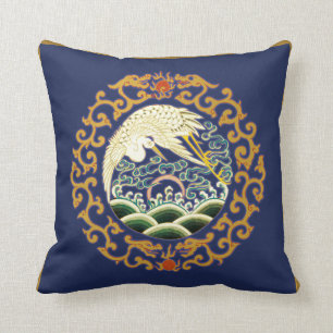 Asian Bird Art Pillow in Deep Blue Kussen