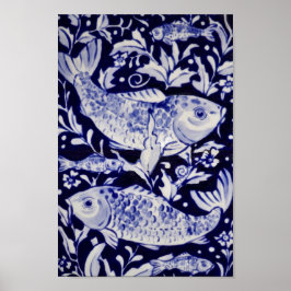Asian Blue & White Koi Fish Pond Chinoiserie Art Poster