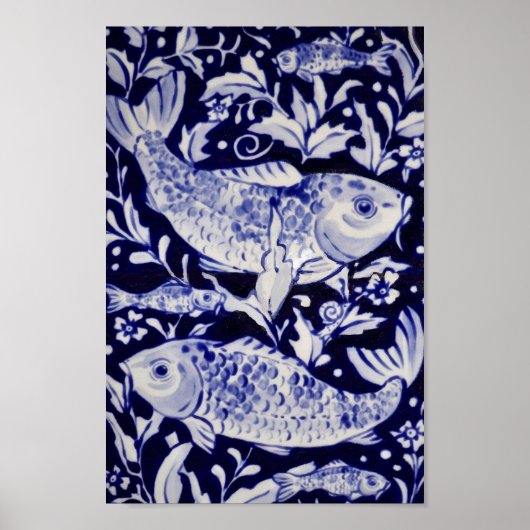Asian Blue & White Koi Fish Pond Chinoiserie Art Poster (Voorkant)