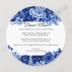 Asian Chinoiserie Navy Blue Floral Dinner Menu Kaart