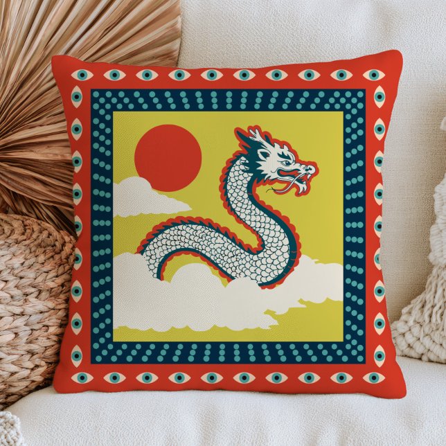 Asian Dragon Illustration Bold Maximalist Quirky Kussen (Creator heeft geüpload)