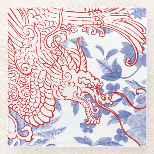 Asian Dragon - Rood en Wit op Blue Floral Glazen Onderzetter (Voorkant)