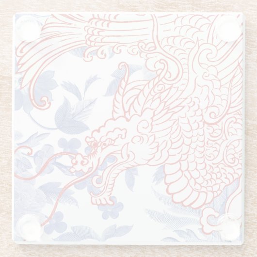 Asian Dragon - Rood en Wit op Blue Floral Glazen Onderzetter (Achterkant)