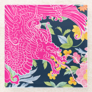 Asian Dragon - Roze op Navy Floral Glazen Onderzetter