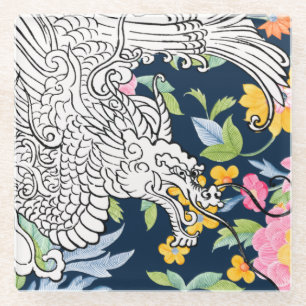 Asian Dragon - Wit op Navy Floral Glazen Onderzetter