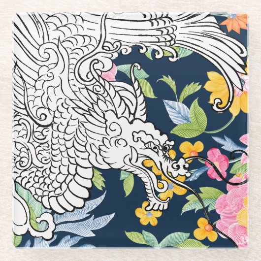 Asian Dragon - Wit op Navy Floral Glazen Onderzetter (Voorkant)