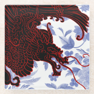Asian Dragon - Zwart en Rood op Blauwe Bloemen Glazen Onderzetter