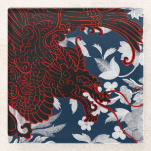 Asian Dragon - Zwart en Rood op Navy Floral Glazen Onderzetter