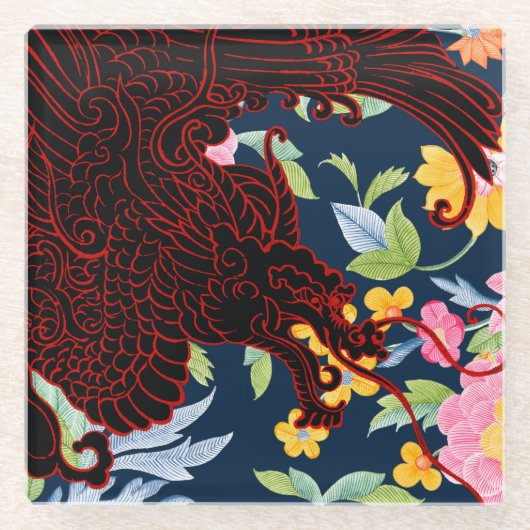 Asian Dragon - Zwart op Navy Floral Glazen Onderzetter (Voorkant)