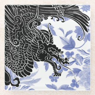 Asian Dragon - Zwart-wit op Blauwe Bloemen Glazen Onderzetter