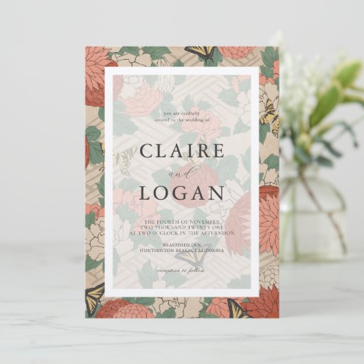 Asian Floral & Butterflies Beige Wedding Kaart (Staand voorkant)