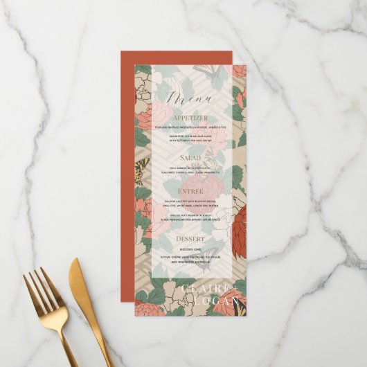Asian Floral & Butterflies Beige Wedding Menu (Voorkant / Achterkant in situ)