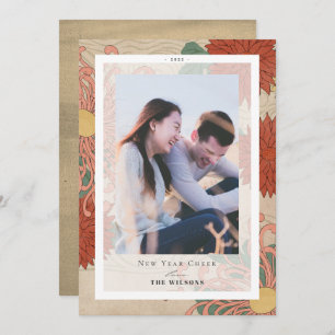 Asian Floral Pattern New Year Holiday Photo Card Kaart