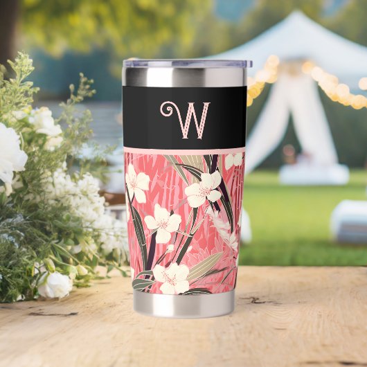 Asian Floral Pink Peach White Chinoiserie Monogram Geïsoleerde Drinkbeker (Huwelijk)