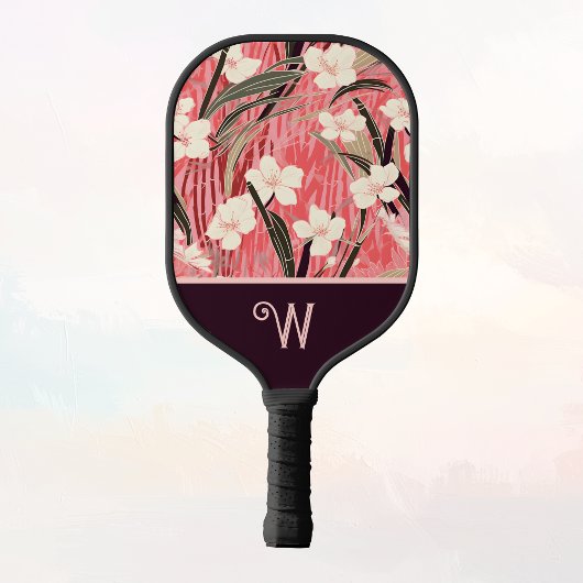 Asian Floral Pink Peach White Chinoiserie Monogram Pickleball Paddle