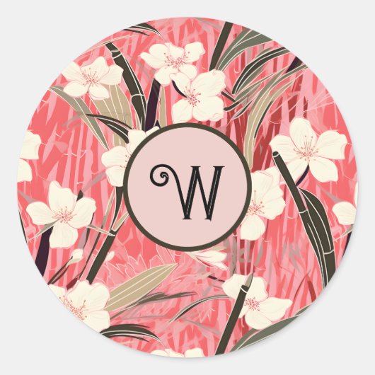 Asian Floral Pink Peach White Chinoiserie Monogram Ronde Sticker (Voorkant)